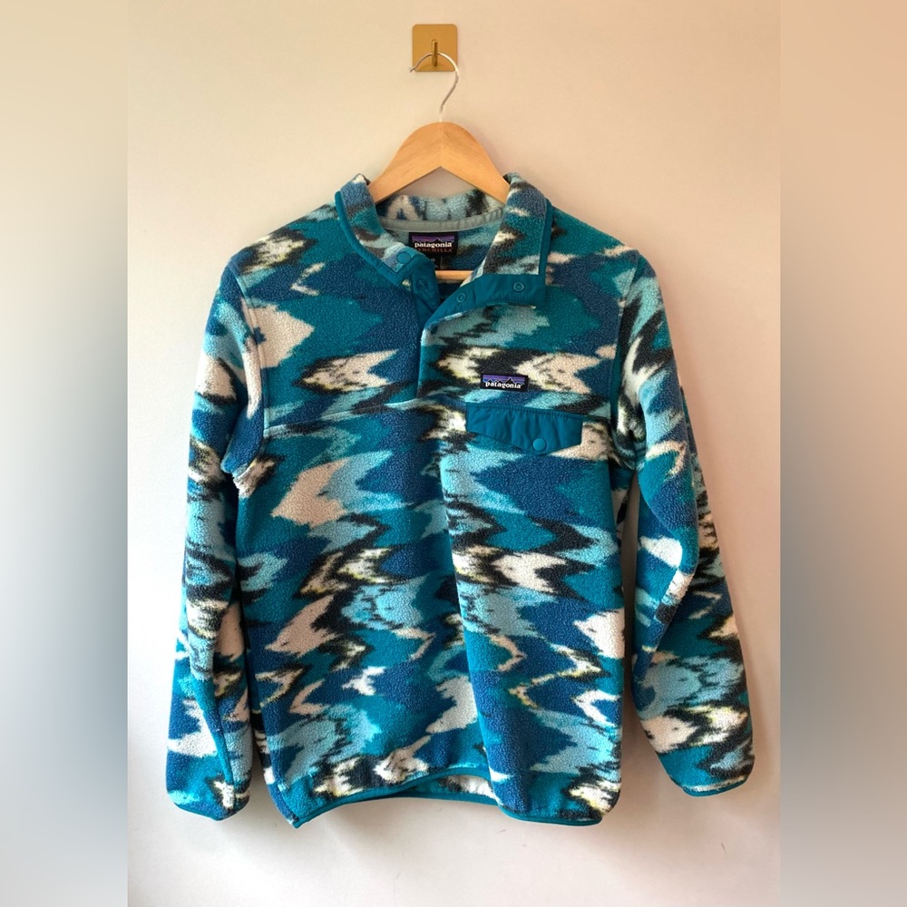 Patagonia |‎ XS Synchilla Trout Tales Elwha Blue Snap-T Fleece Pullover